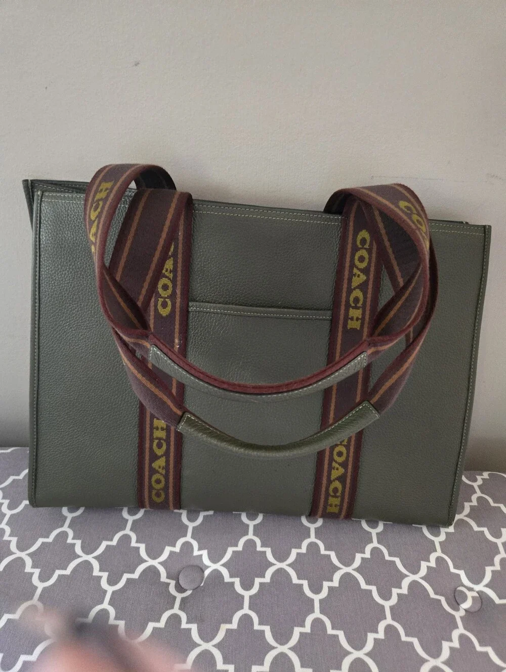 Coach Olive Green Leather Tote with Branded Burgundy Straps